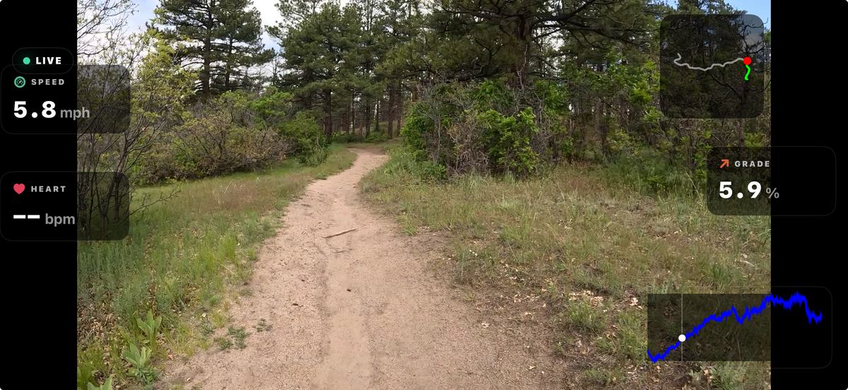 TerraFlo Arena playback showing a route video with live workout metrics, map, and elevation overlays