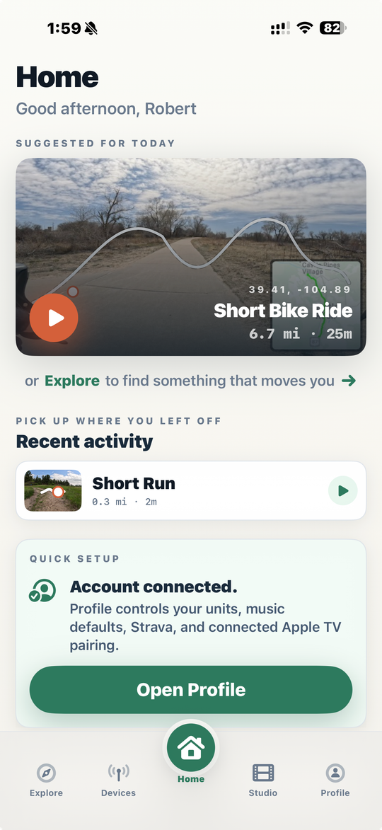 TerraFlo home screen showing route suggestions, workout history, and equipment status