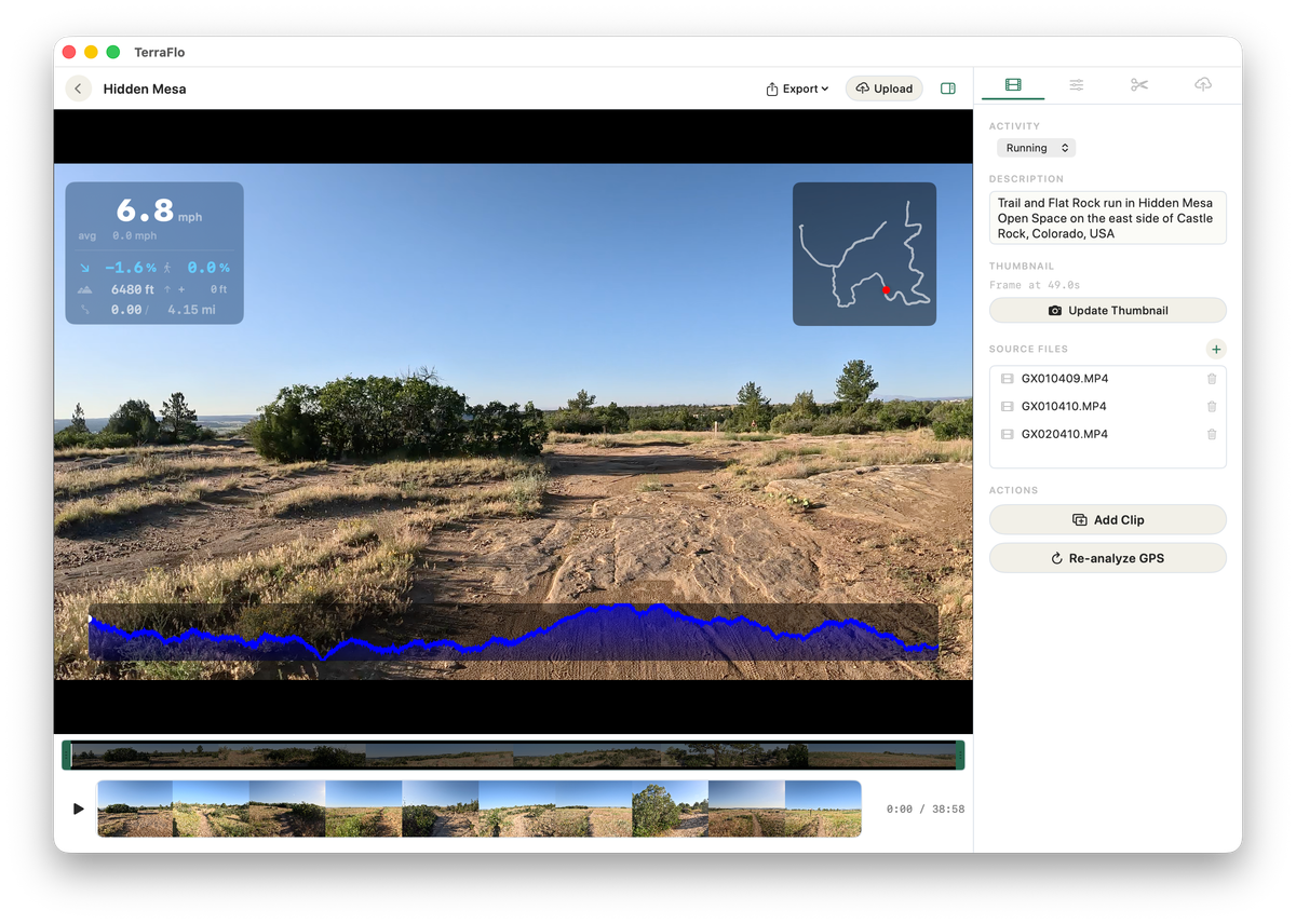 TerraFlo Studio on macOS with a route video, timeline, map, elevation profile, and editing inspector